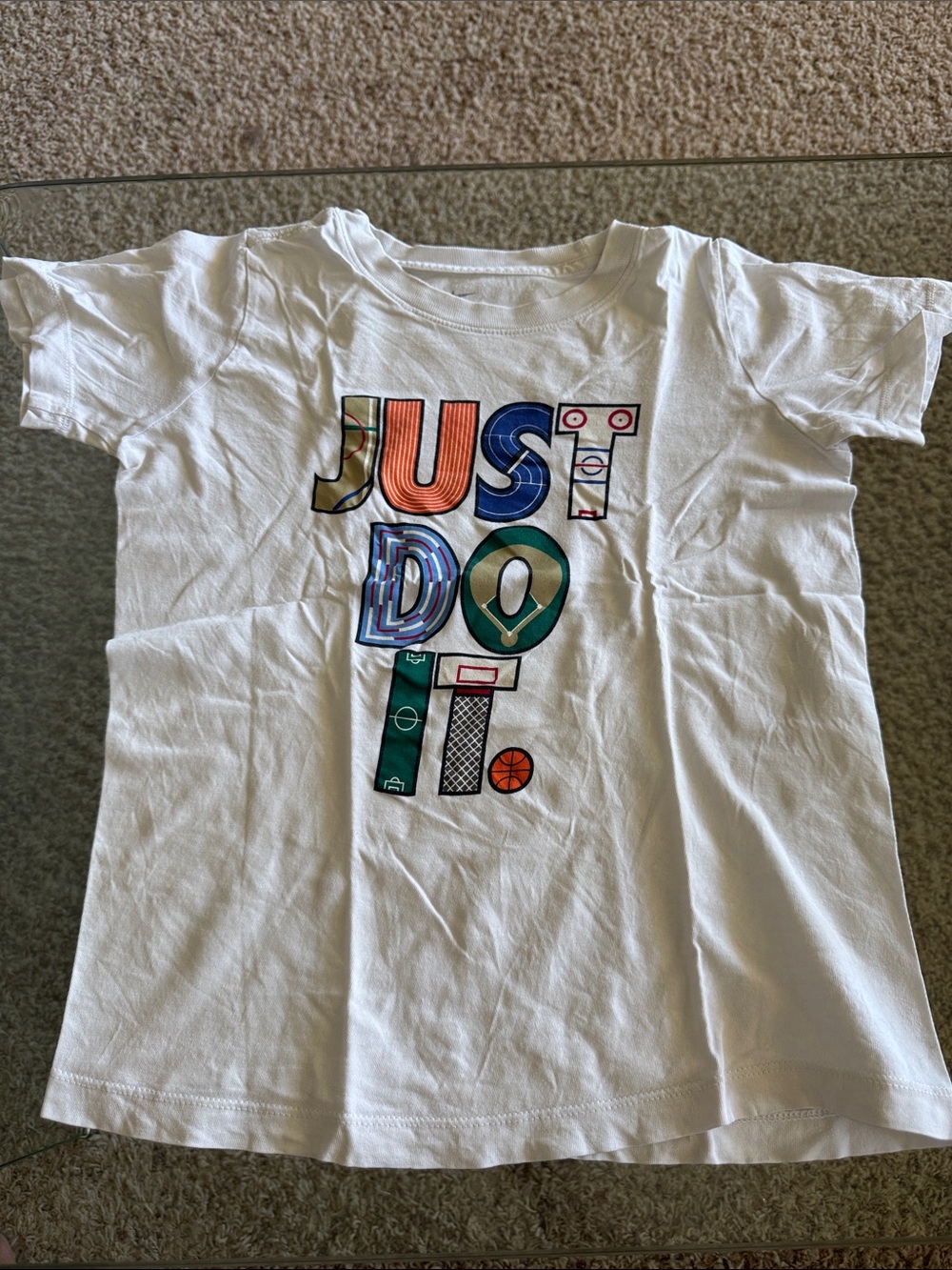 Nike White Graphic 'Just Do It' Tee with Multicolor Letters size S